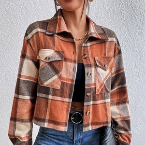 For the Republic Women's Orange Black
Flannel Long Sleeve Cropped Jacket Size S